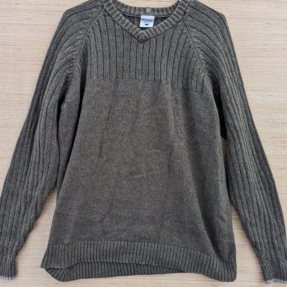 Columbia Sportswear Mens Knit V Neck Sweater Green Large Cotton Long Sleeve